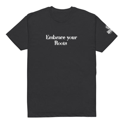 Front view of EMBRACE YOUR ROOTS Palestine graphic tee with text design