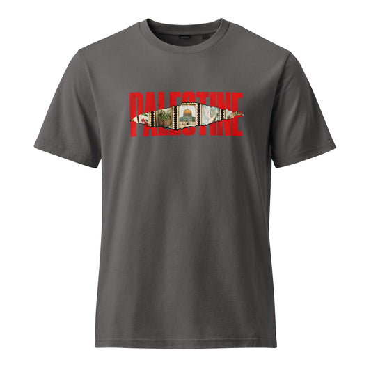 Palestine stamps shirt featuring a vintage Palestinian stamp collage graphic