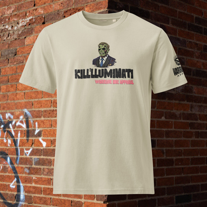 Graphic streetwear t shirt with bold typography and distorted face design