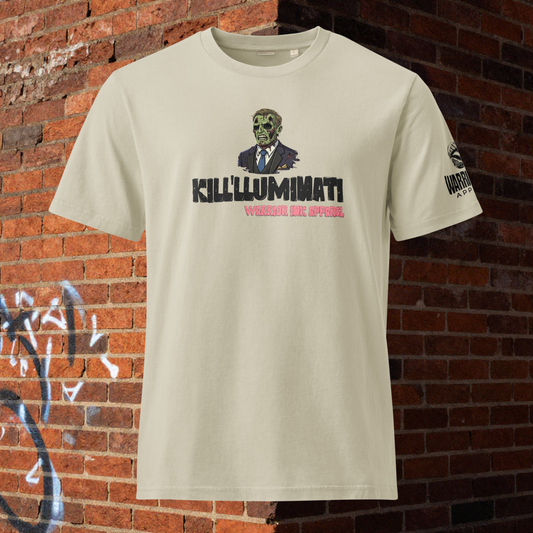Graphic streetwear t shirt with bold typography and distorted face design