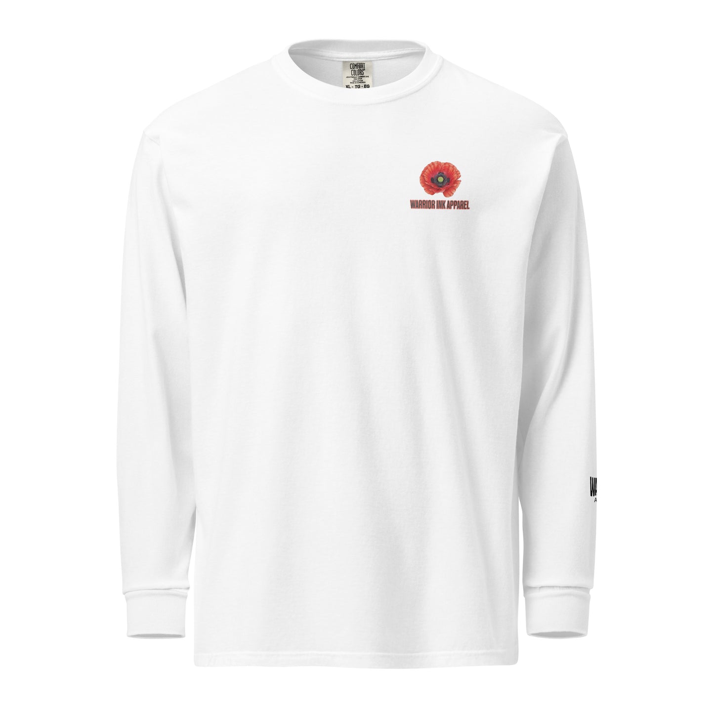 For Love We Resist heavyweight garment-dyed long sleeve t-shirt with red poppy artwork by Warrior Ink Apparel