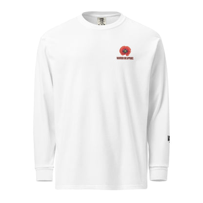For Love We Resist heavyweight garment-dyed long sleeve t-shirt with red poppy artwork by Warrior Ink Apparel