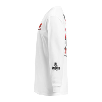 For Love We Resist heavyweight garment-dyed long sleeve t-shirt with red poppy artwork by Warrior Ink Apparel