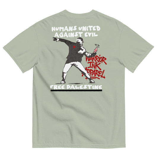 Free Palestine tee with Humans United Against Evil artwork on back and bottle graphic on front