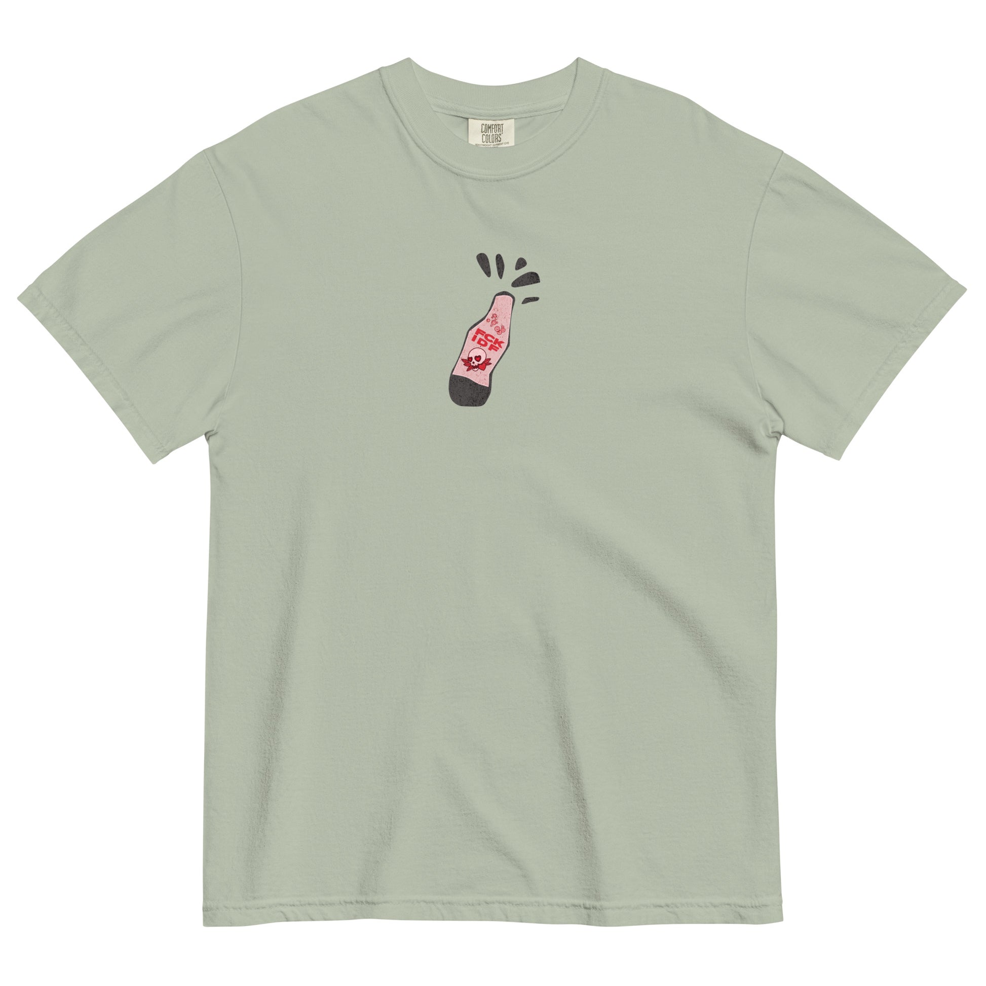 Free Palestine tee with Humans United Against Evil artwork on back and bottle graphic on front