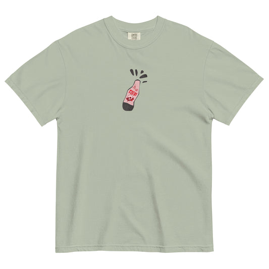 Free Palestine tee with Humans United Against Evil artwork on back and bottle graphic on front