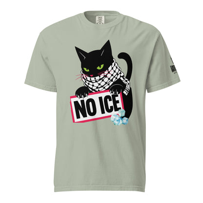 Black cat holding NO ICE sign on heavyweight protest graphic tee