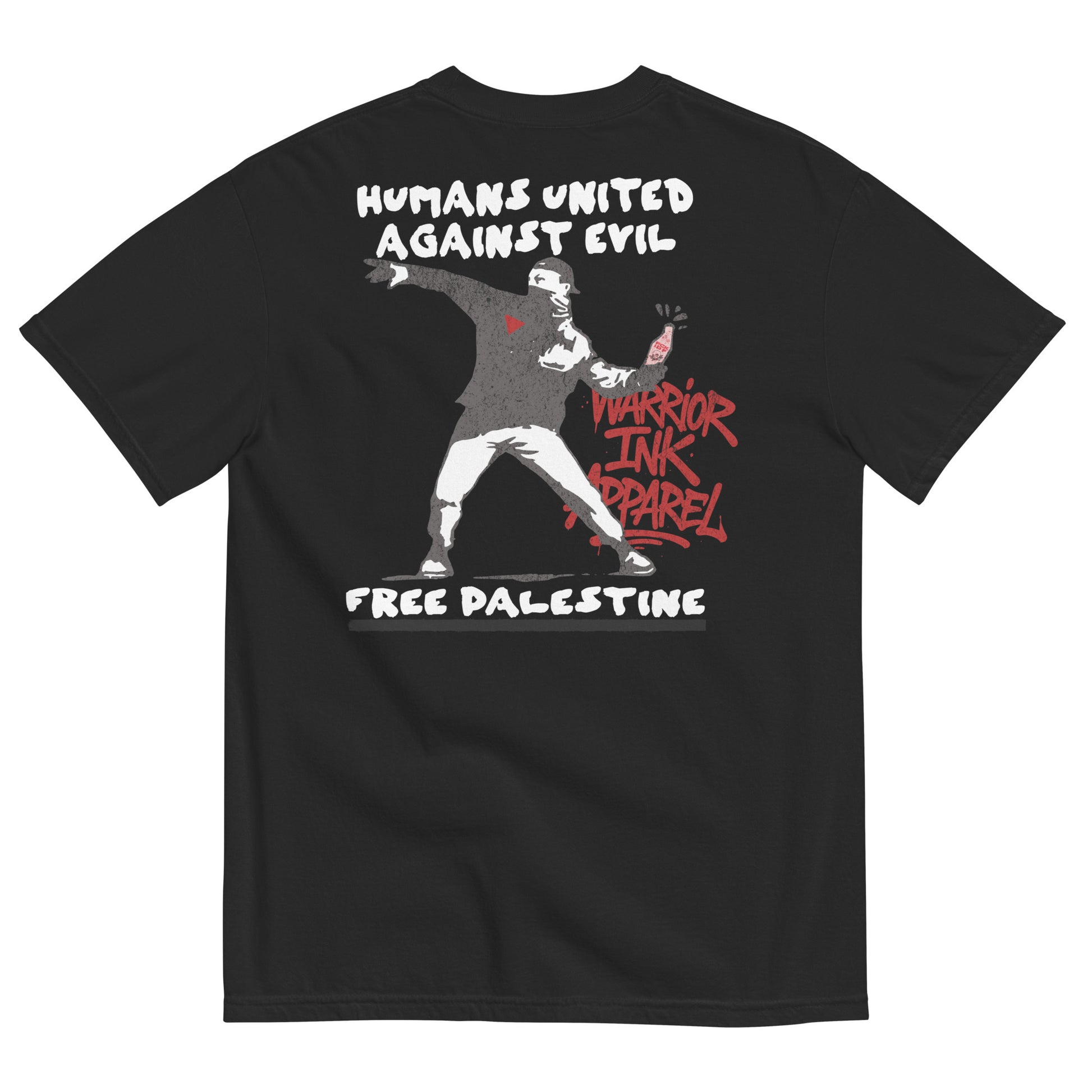 Free Palestine tee with Humans United Against Evil artwork on back and bottle graphic on front