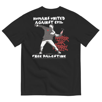 Free Palestine tee with Humans United Against Evil artwork on back and bottle graphic on front