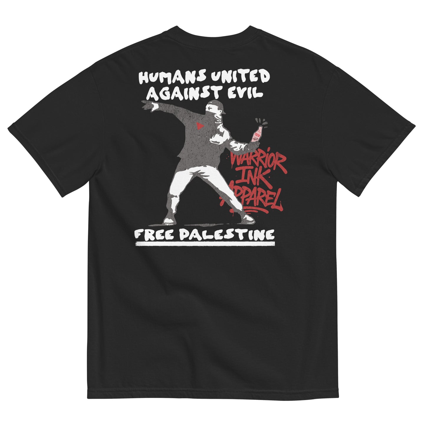 Free Palestine tee with Humans United Against Evil artwork on back and bottle graphic on front