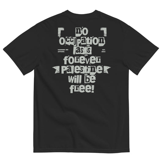 No Occupation Lasts Forever Palestine Will Be Free heavyweight tee in black with bold back print