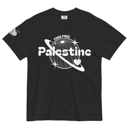 Free Palestine T-shirt with planet design on chest and keffiyeh heart on sleeve – Warrior Ink Apparel