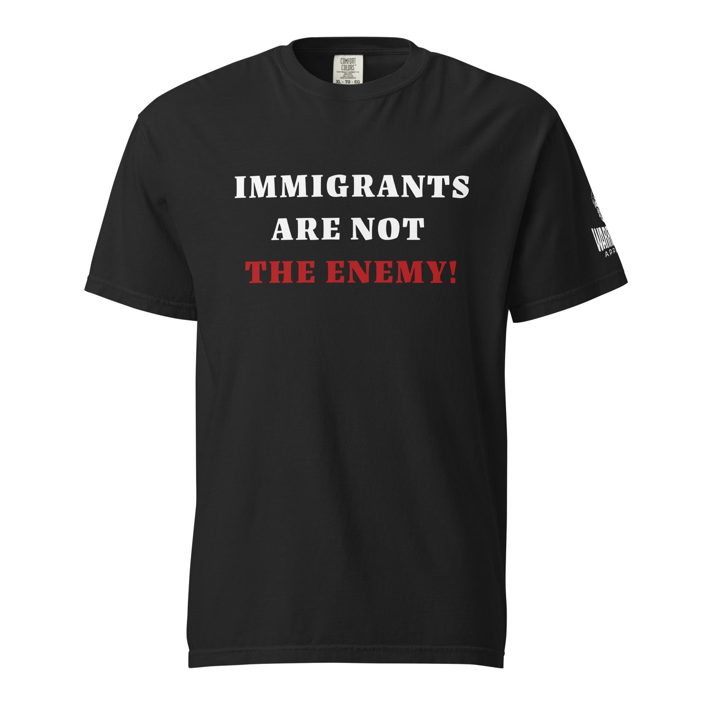 Black pro-immigrant graphic shirt with white and red protest message