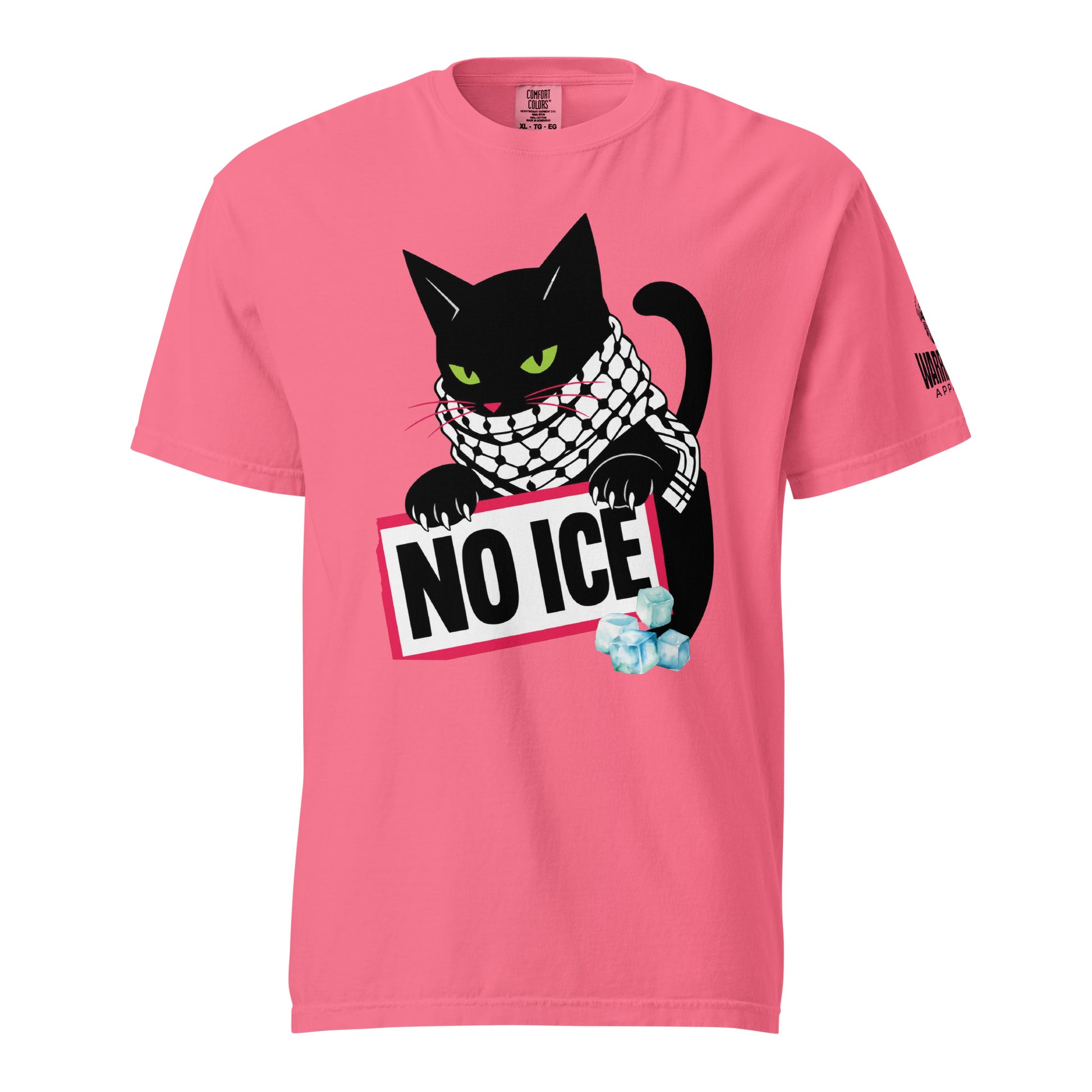 Pink anti-ICE protest shirt featuring black cat in Palestinian keffiyeh