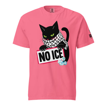 Pink anti-ICE protest shirt featuring black cat in Palestinian keffiyeh
