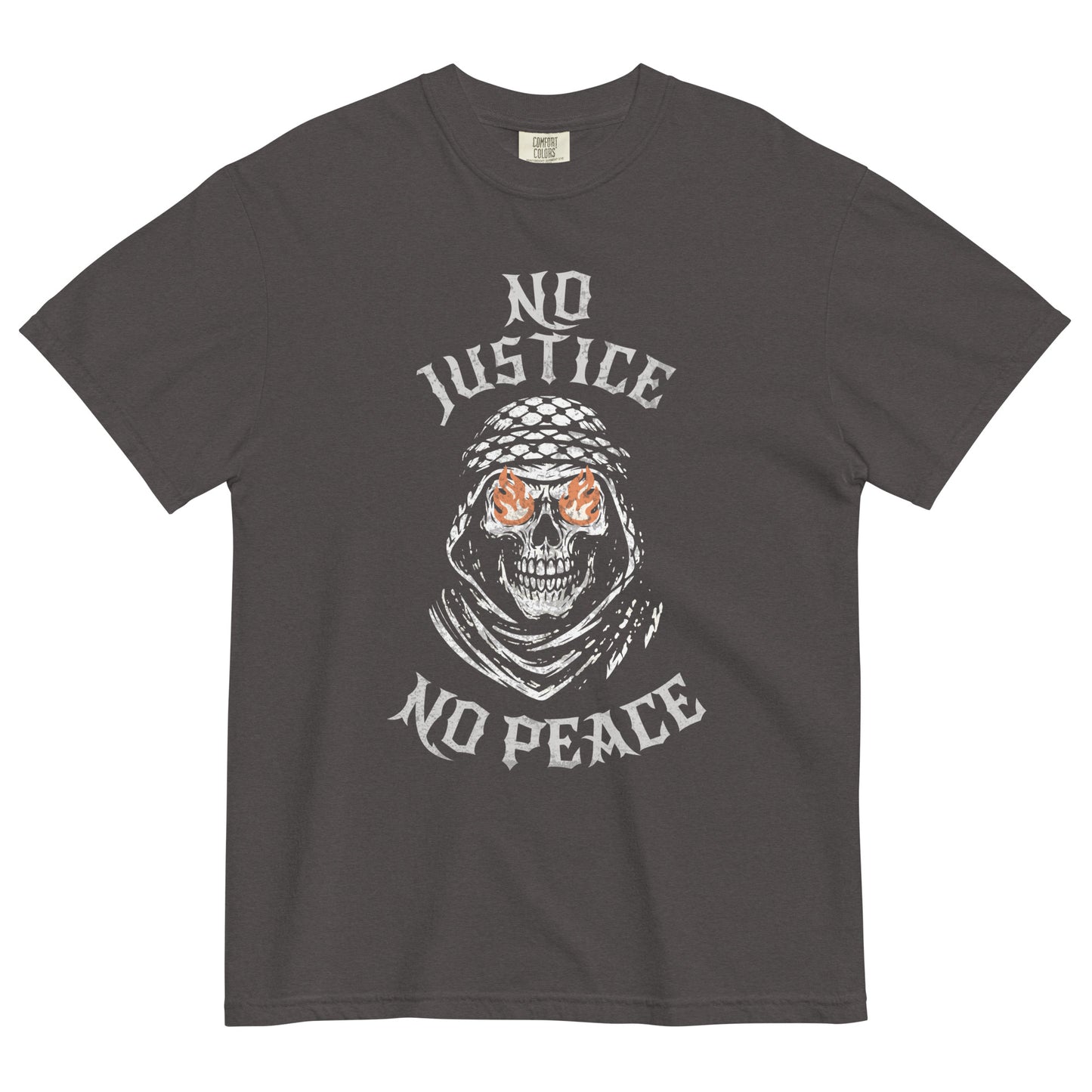 No Justice No Peace heavyweight tee with skull keffiyeh design and activist streetwear message