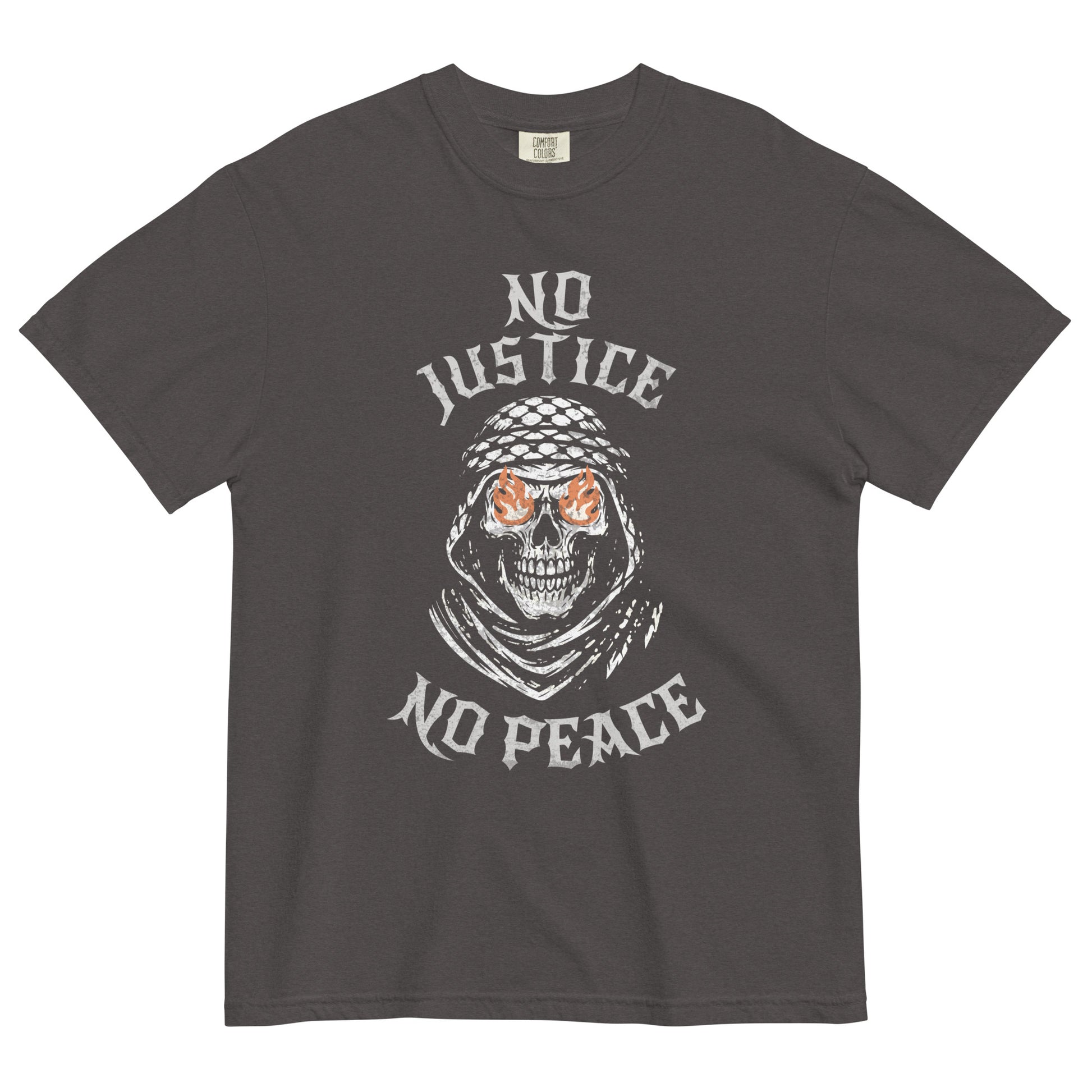 No Justice No Peace heavyweight tee with skull keffiyeh design and activist streetwear message