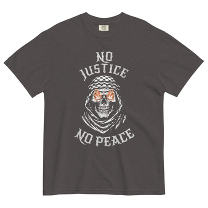 No Justice No Peace heavyweight tee with skull keffiyeh design and activist streetwear message