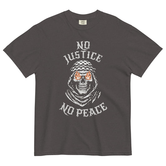No Justice No Peace heavyweight tee with skull keffiyeh design and activist streetwear message