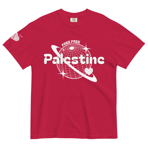 Free Palestine T-shirt with planet design on chest and keffiyeh heart on sleeve – Warrior Ink Apparel