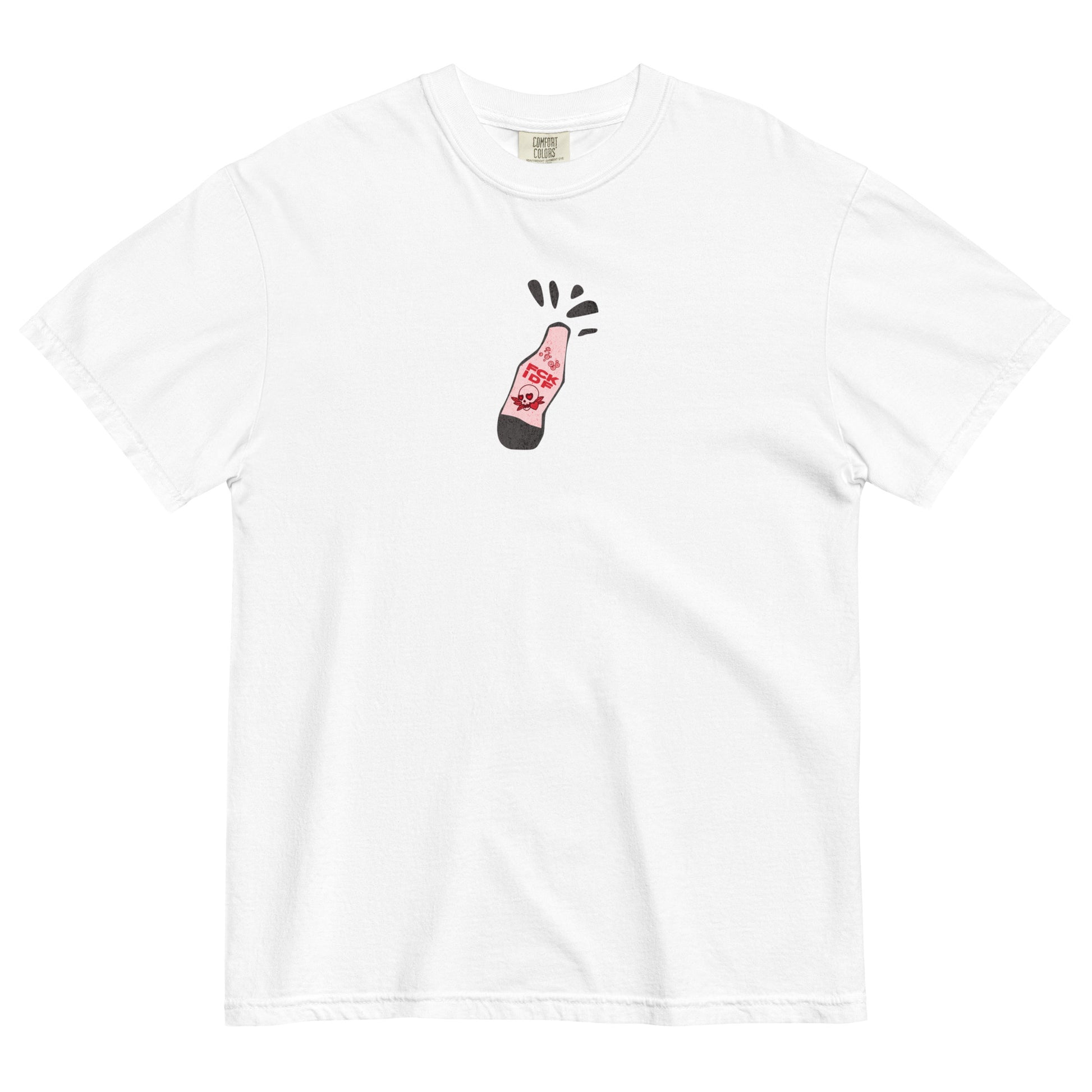 Free Palestine tee with Humans United Against Evil artwork on back and bottle graphic on front