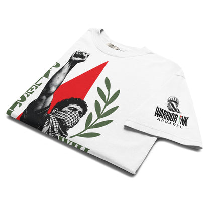 Palestine shirt featuring raised fist, keffiyeh figure, and olive branch
