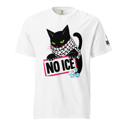 Black cat holding NO ICE sign on heavyweight protest graphic tee