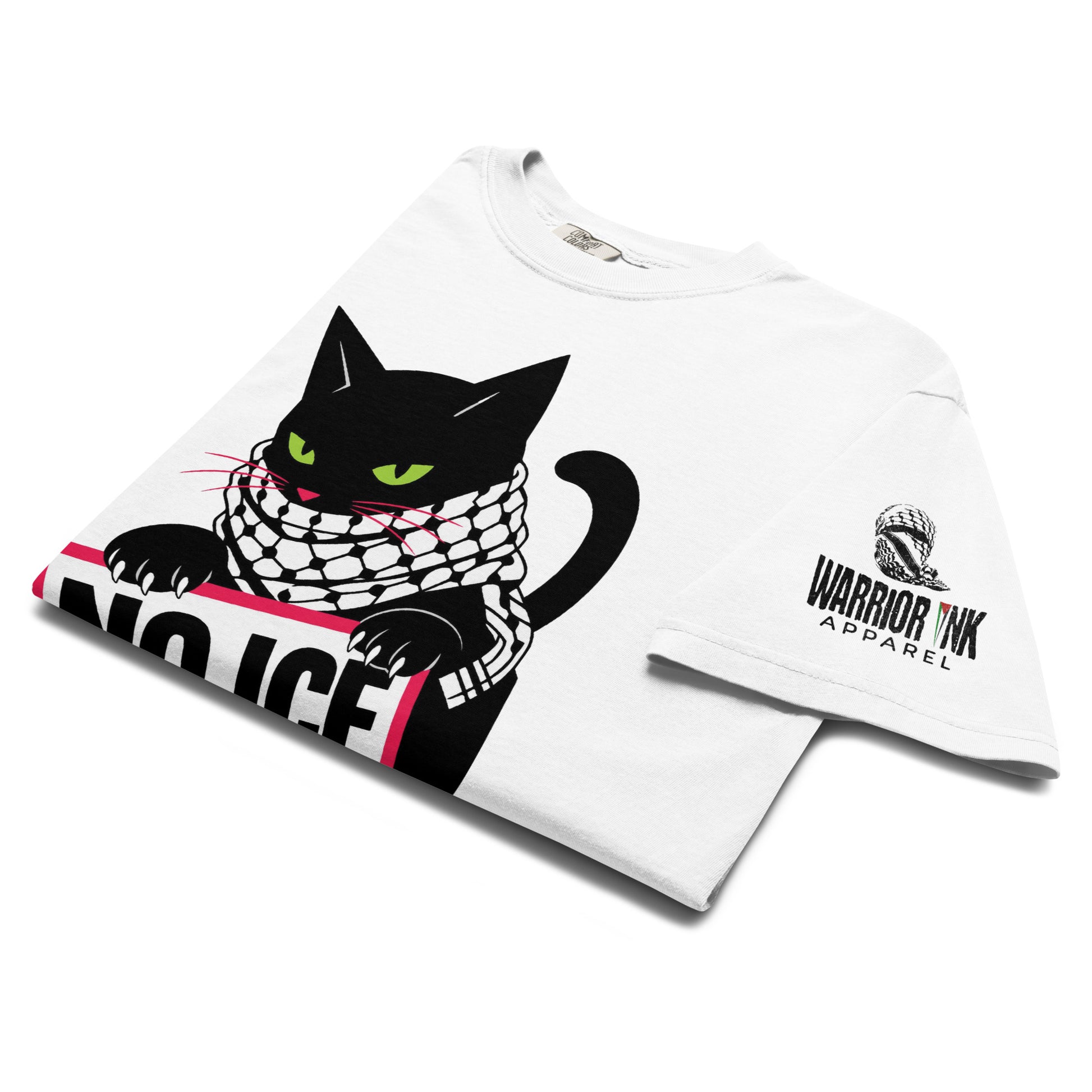 Black cat holding NO ICE sign on heavyweight protest graphic tee