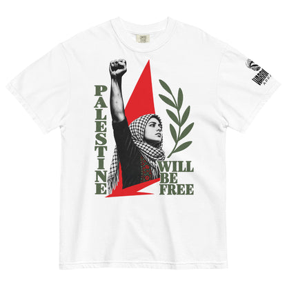 White Palestine graphic tee featuring Palestinian woman with raised fist
