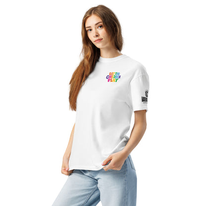 Woman wearing white Let the Children Play Palestine graphic tee