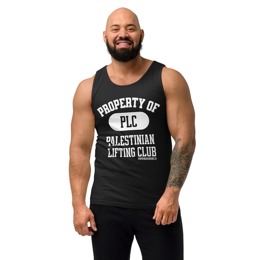 Model wearing black gym tank top with Palestinian lifting club graphic design