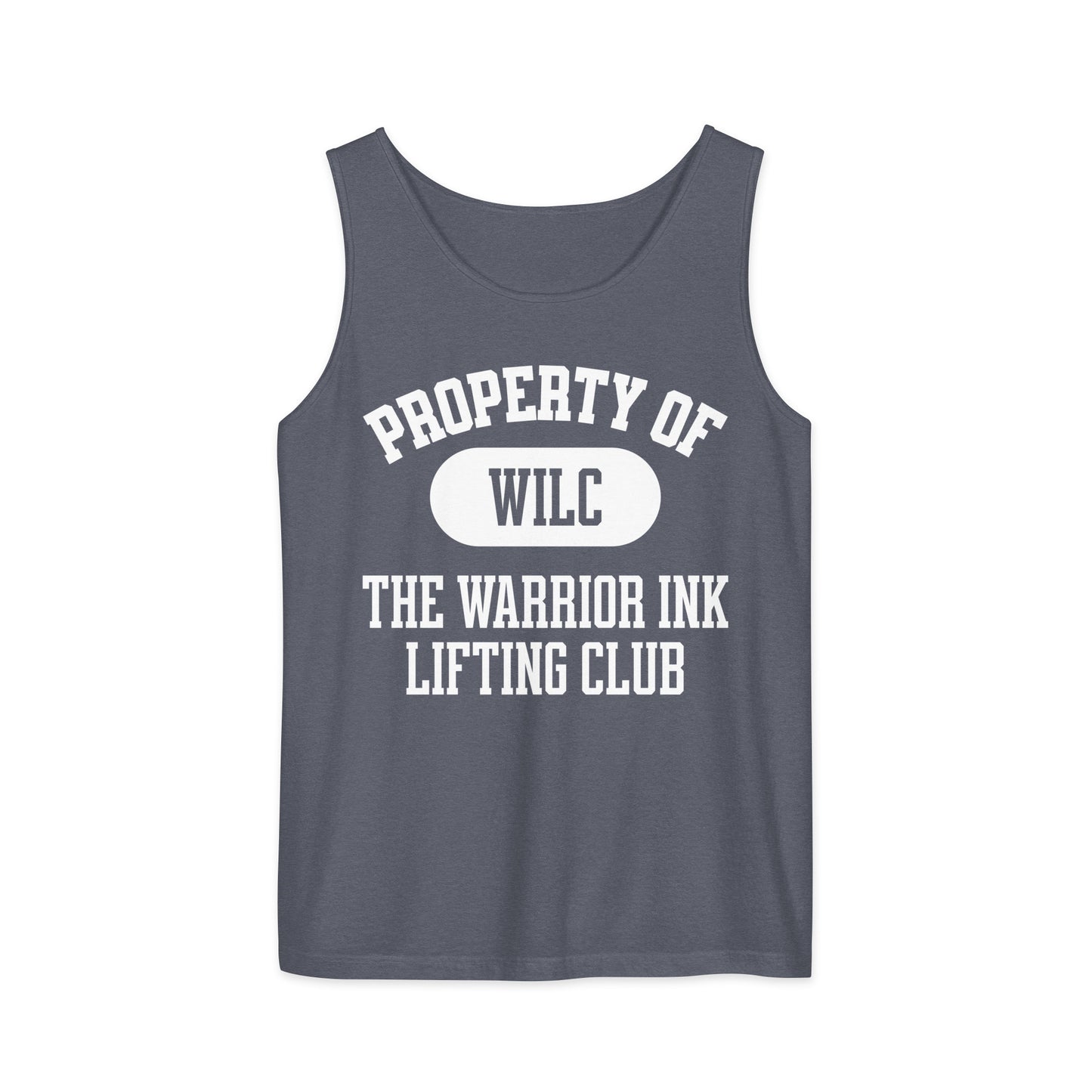 Denim gym tank top with Warrior Ink lifting club graphic design