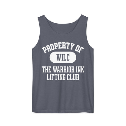 Denim gym tank top with Warrior Ink lifting club graphic design