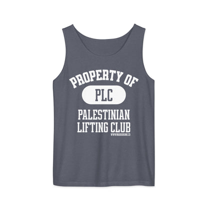 Denim gym tank top with Palestinian lifting club graphic design
