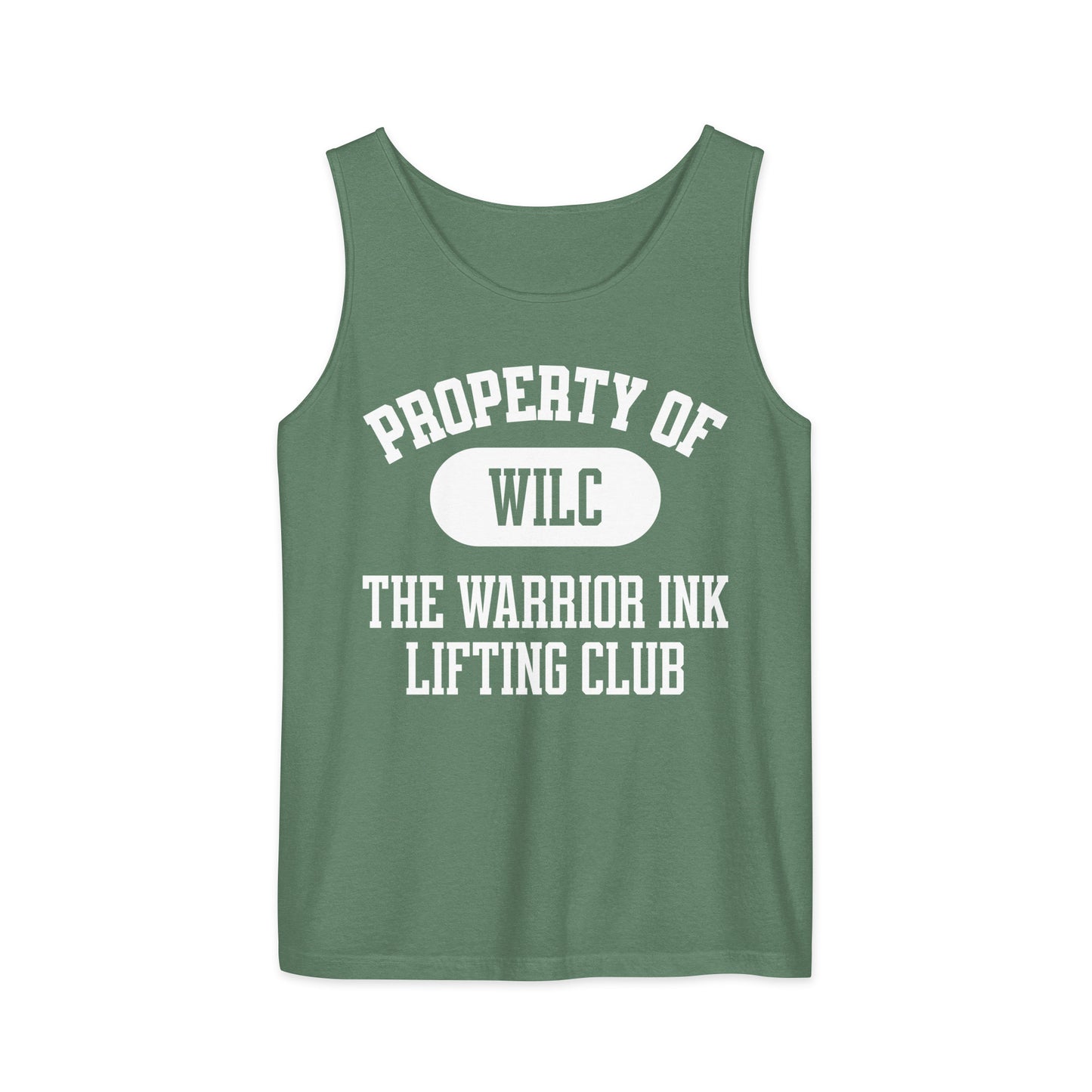 Green gym tank top with Warrior Ink lifting club graphic design