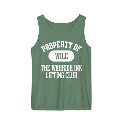 Green gym tank top with Warrior Ink lifting club graphic design