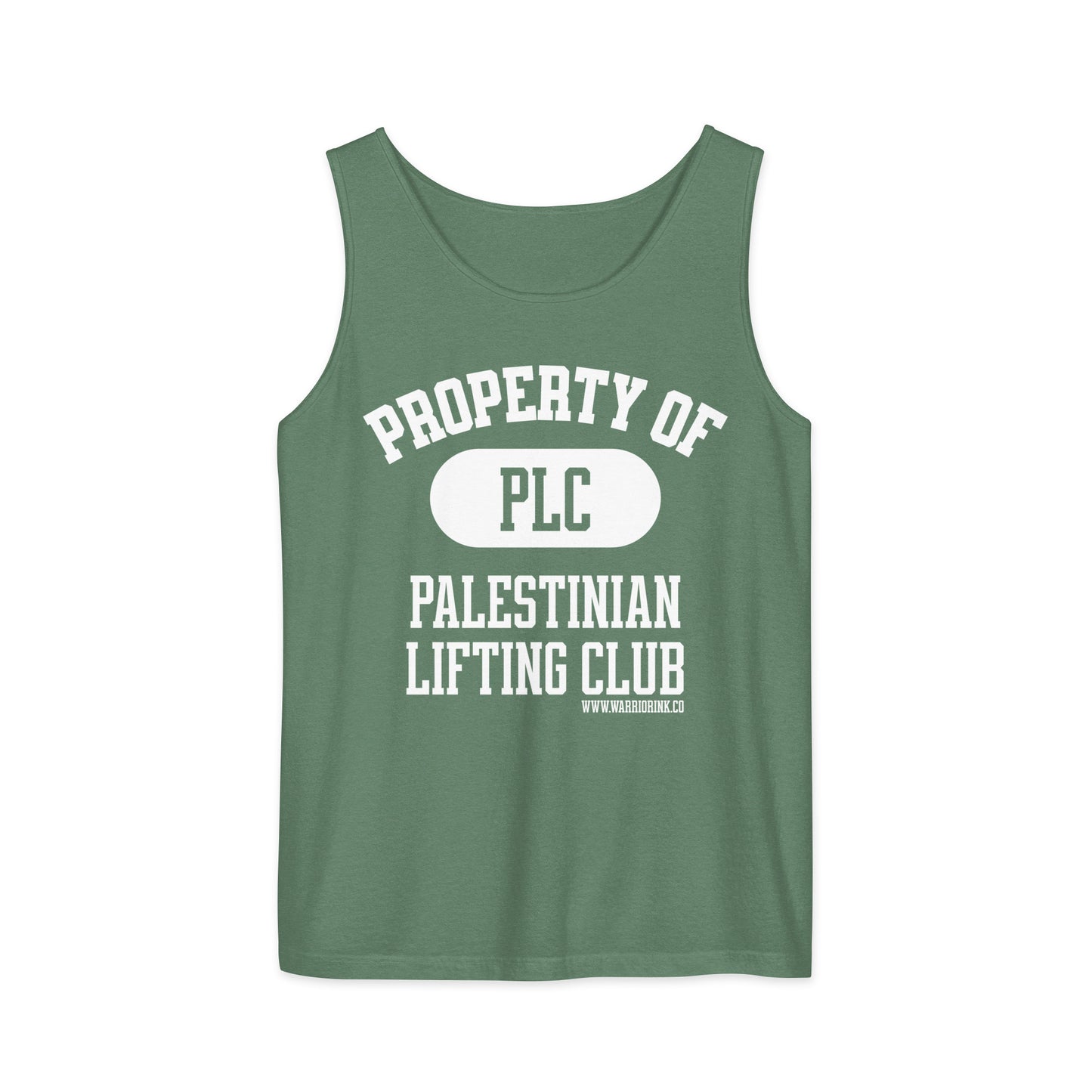 Green gym tank top with Palestinian lifting club graphic design