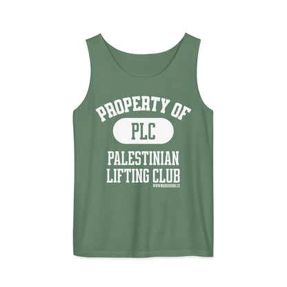 Green gym tank top with Palestinian lifting club graphic design
