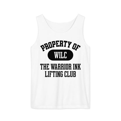 White gym tank top with Warrior Ink lifting club graphic design