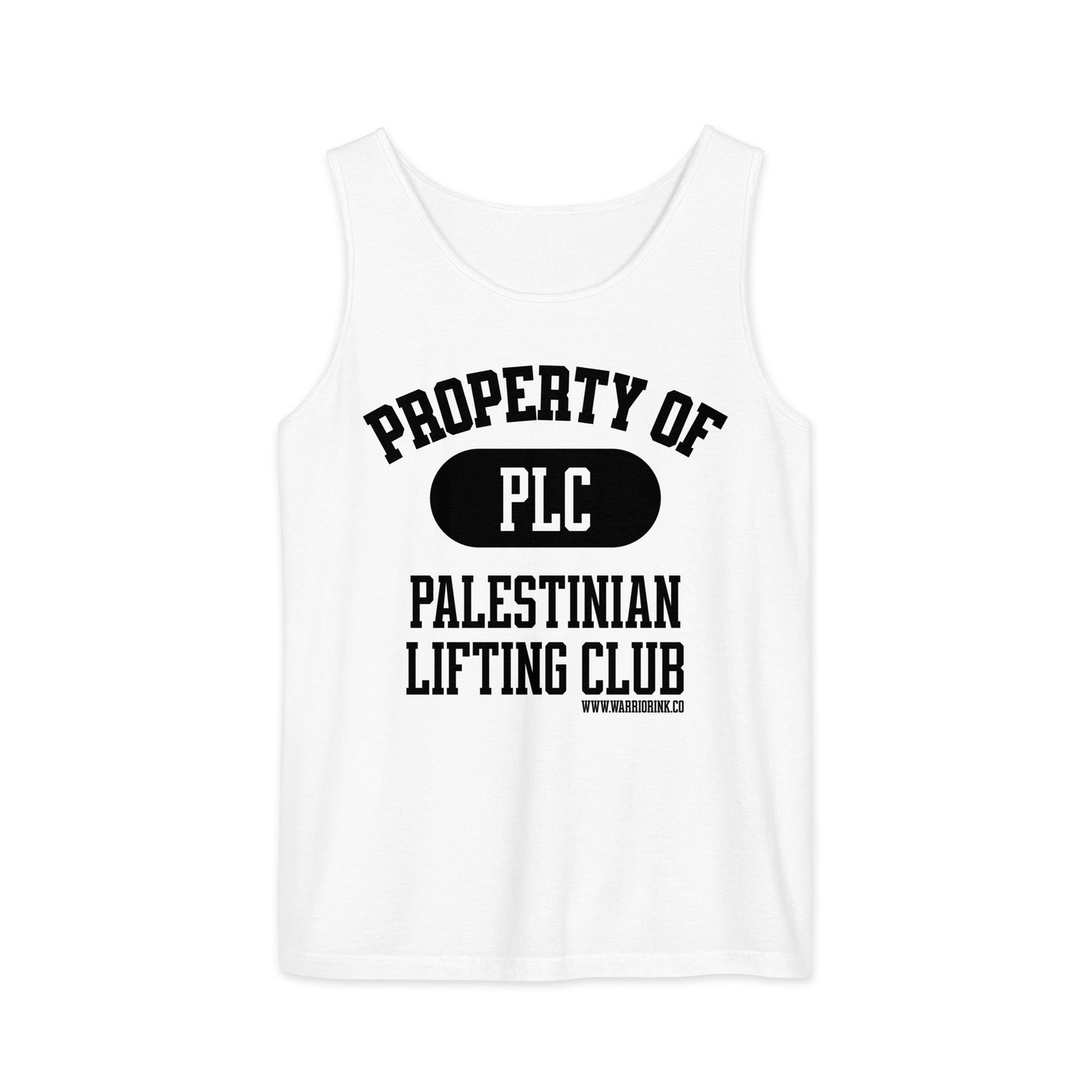 White gym tank top with Palestinian lifting club graphic design