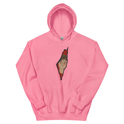 hoodie featuring Saja’s hand-drawn outline of Palestine with a portrait design