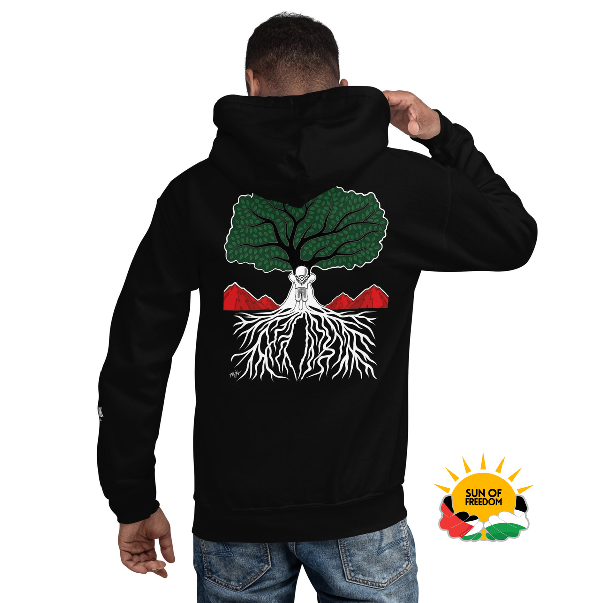 Model wearing EMBRACE YOUR ROOTS Palestine hoodie from the Mo Hamz Collection