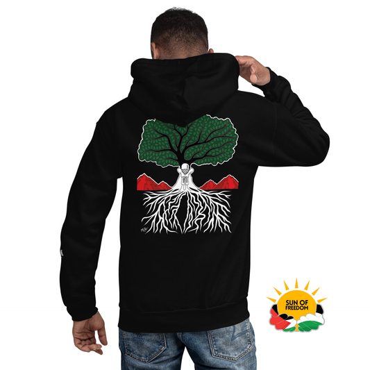 Model wearing EMBRACE YOUR ROOTS Palestine hoodie from the Mo Hamz Collection