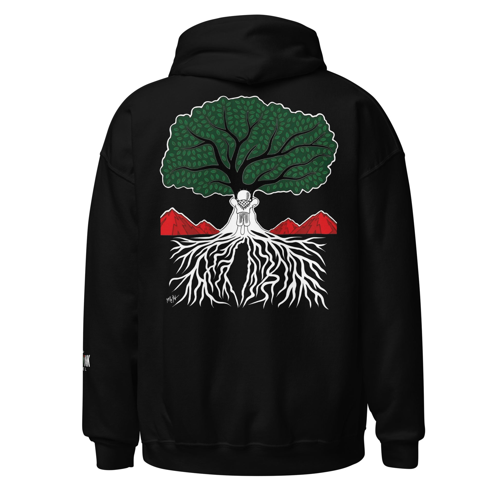 Back view of EMBRACE YOUR ROOTS Palestine hoodie with roots-inspired artwork