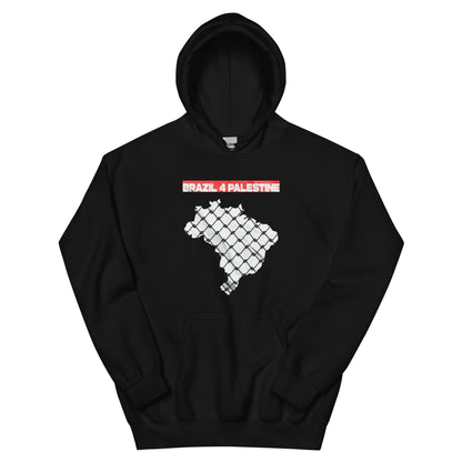 Black hoodie featuring a bold white outline of Brazil over resistance fence texture with red “BRAZIL 4 PALESTINE” text across the top.