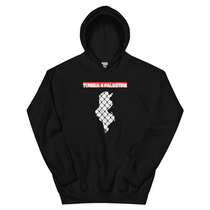 Black hoodie with white silhouette of Tunisia over chain-link resistance fence pattern and bold red “TUNISIA 4 PALESTINE” across the top.