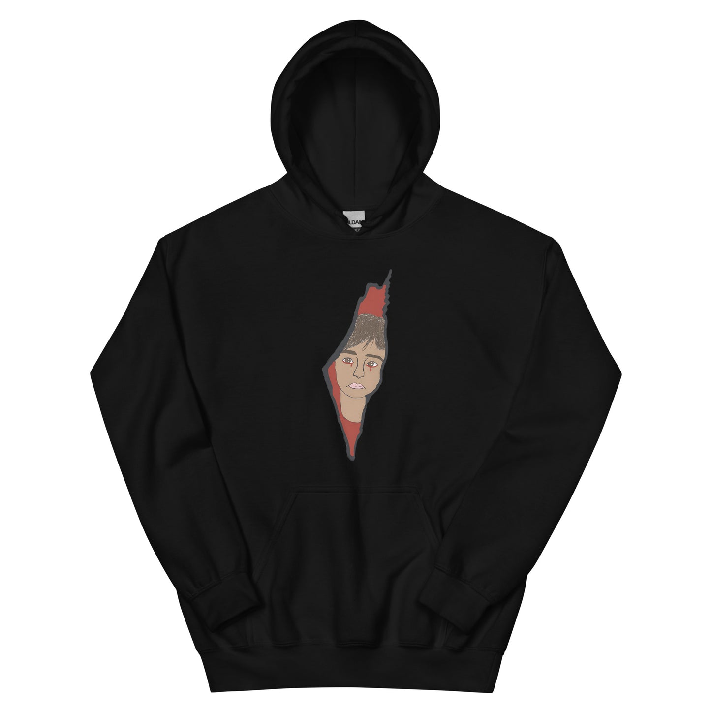 hoodie featuring Saja’s hand-drawn outline of Palestine with a portrait design