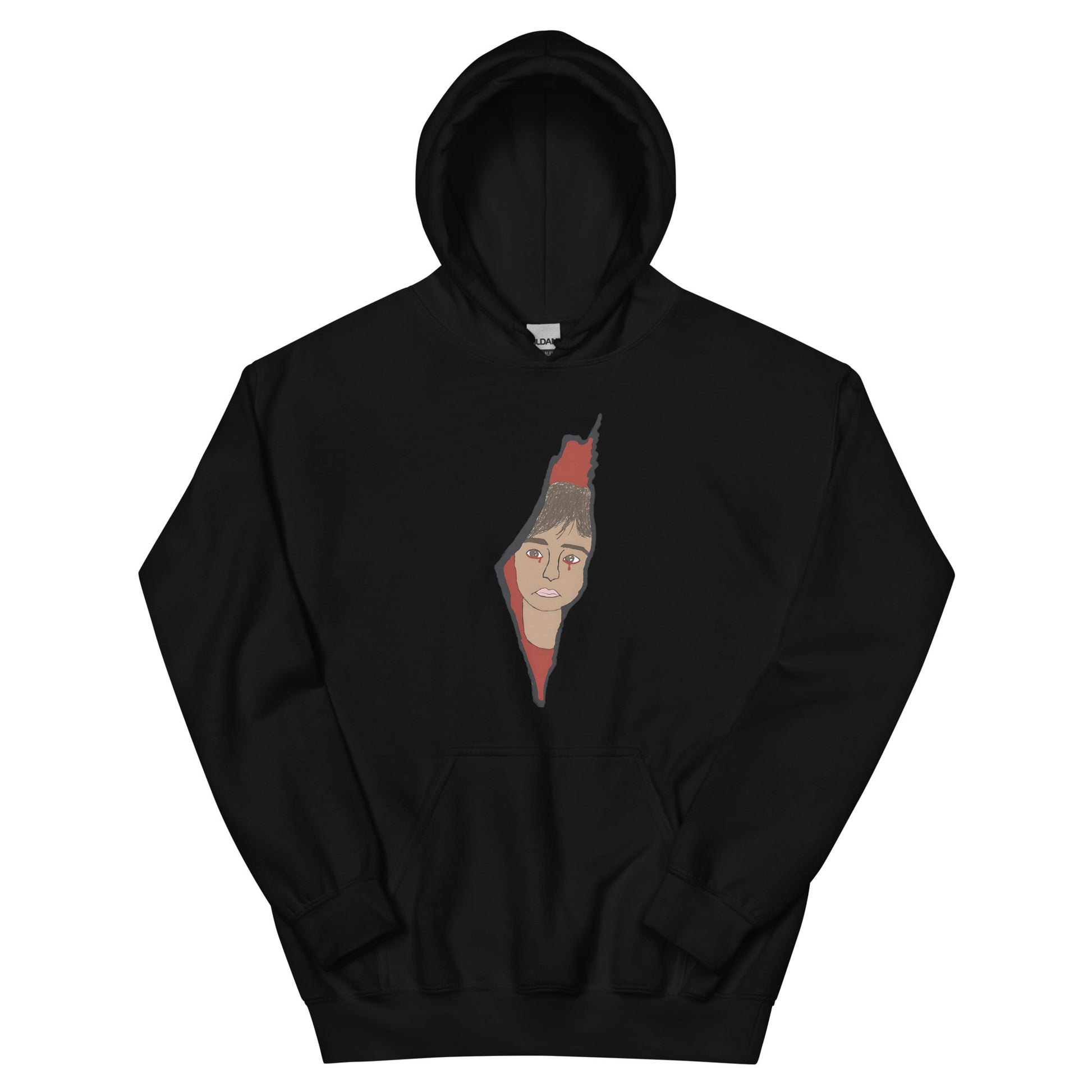 hoodie featuring Saja’s hand-drawn outline of Palestine with a portrait design