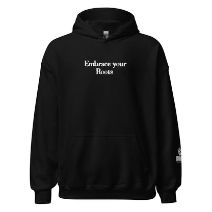 Front view of EMBRACE YOUR ROOTS Palestine hoodie with text graphic