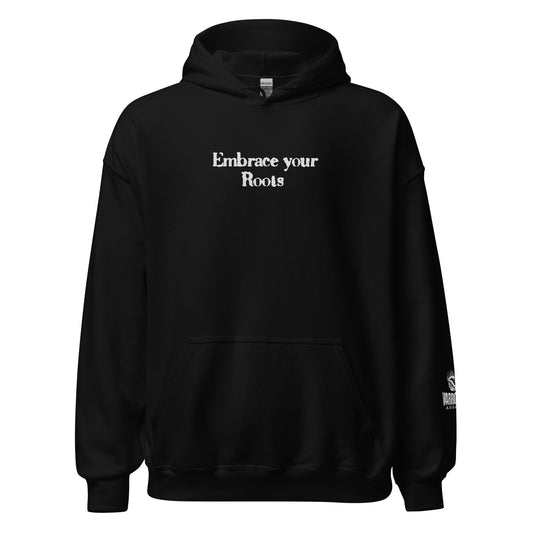 Front view of EMBRACE YOUR ROOTS Palestine hoodie with text graphic